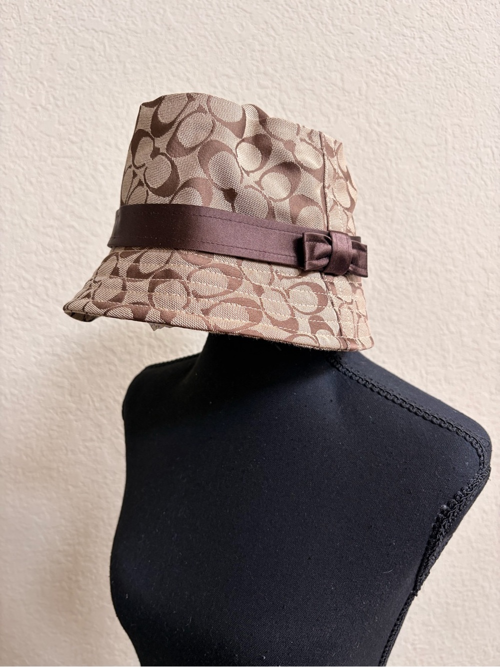 Coach Julia Signature Brown Patterned Bucket Hat with Ribbon